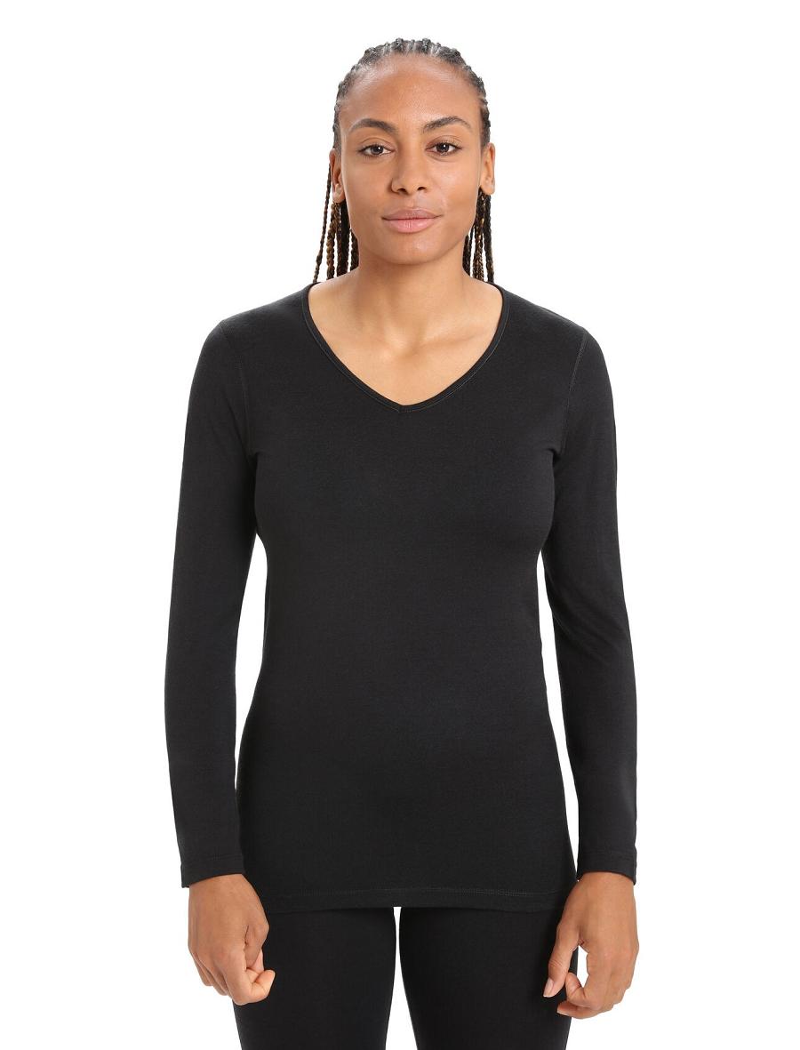 Black Icebreaker Merino 200 Oasis Long Sleeve V Neck Thermal Top Women\'s Base Layers | AU 1853RVDW